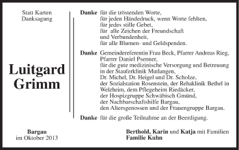Traueranzeige von Luitgard Grimm von Gmünder Tagespost