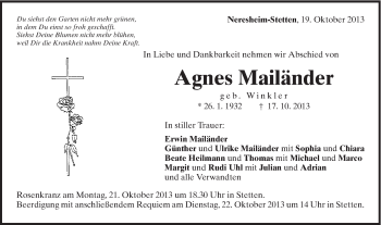 Traueranzeige von Agnes Mailänder von Schwäbische Post