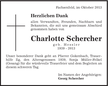 Traueranzeige von Charlotte Schercher von Schwäbische Post
