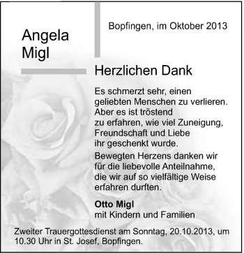 Traueranzeige von Angela Migl von Schwäbische Post