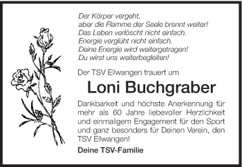 Traueranzeige von Loni Buchgraber von Schwäbische Post