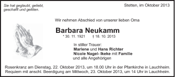 Traueranzeige von Barbara Neukamm von Schwäbische Post