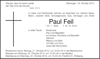Traueranzeige von Paul Feil von Schwäbische Post