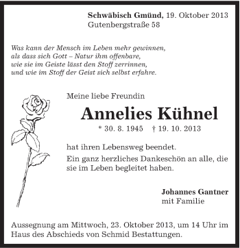Traueranzeige von Annelies Kühnel von Gmünder Tagespost