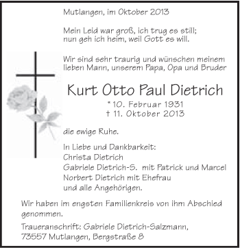 Traueranzeige von Kurt Otto Paul Dietrich von Gmünder Tagespost