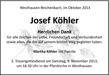 Traueranzeige von Josef Köhler von Schwäbische Post