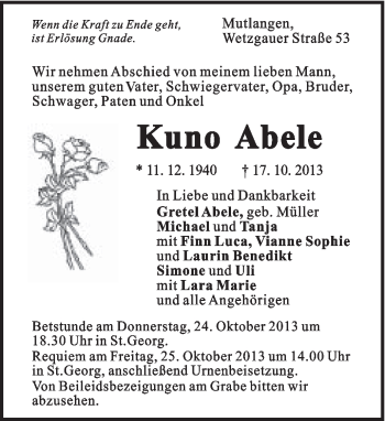 Traueranzeige von Kuno Abele von Gmünder Tagespost