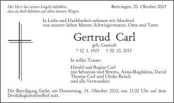 Traueranzeige von Gertrud Carl von Gmünder Tagespost