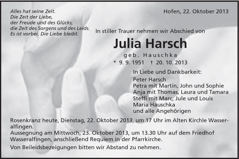  Traueranzeige für Julia Harsch vom 22.10.2013 aus Schwäbische Post