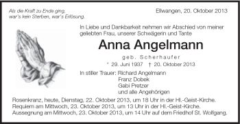 Traueranzeige von Anna Angelmann von Schwäbische Post