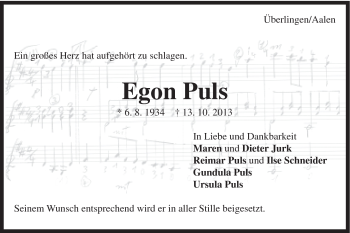 Traueranzeige von Egon Puls von Schwäbische Post