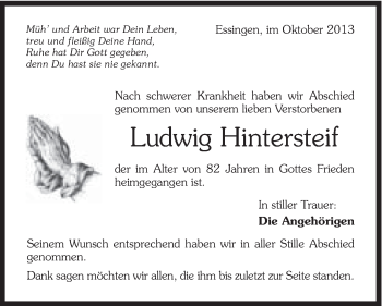 Traueranzeige von Ludwig Hintersteif von Schwäbische Post