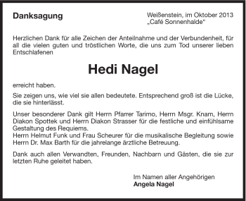 Traueranzeige von Hedi Nagel von Gmünder Tagespost