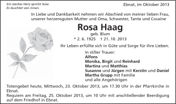 Traueranzeige von Rosa Haag von Schwäbische Post