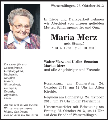 Traueranzeige von Maria Merz von Schwäbische Post
