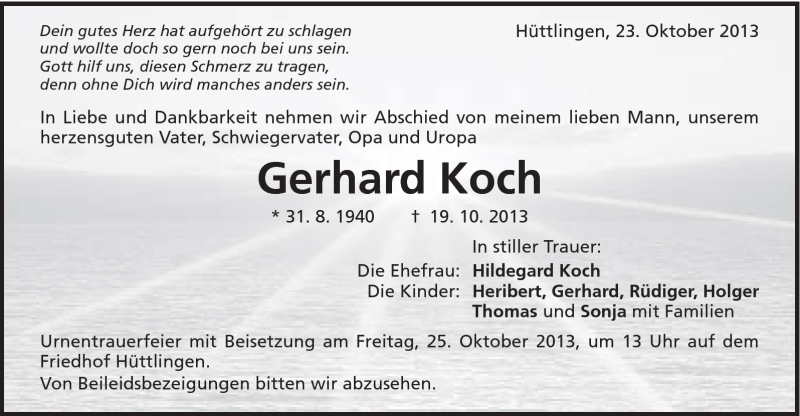  Traueranzeige für Gerhard Koch vom 23.10.2013 aus Schwäbische Post