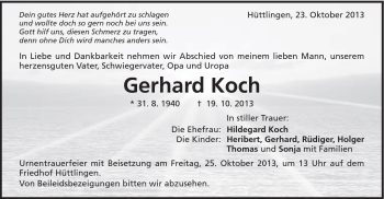 Traueranzeige von Gerhard Koch von Schwäbische Post