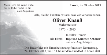 Traueranzeige von Oliver Knauß von Gmünder Tagespost
