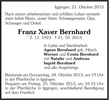 Traueranzeige von Franz Xaver Bernhard von Gmünder Tagespost