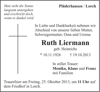 Traueranzeige von Ruth Liermann von Gmünder Tagespost