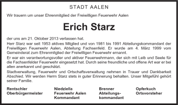 Traueranzeige von Erich Starz von Schwäbische Post