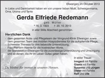 Traueranzeige von Redemann Gerda von Schwäbische Post