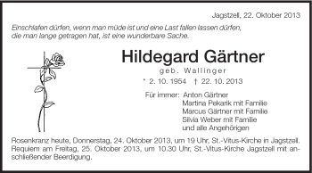 Traueranzeige von Hildegard Gärtner von Schwäbische Post