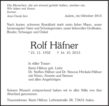 Traueranzeige von Rolf Häfner von Schwäbische Post