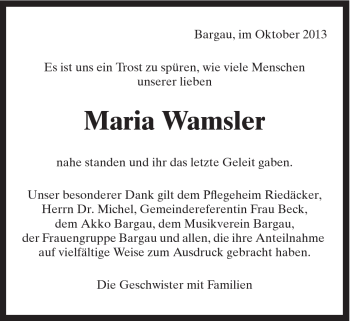 Traueranzeige von Maria Wamsler von Gmünder Tagespost