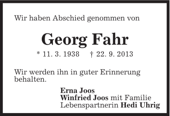 Traueranzeige von Georg Fahr von Gmünder Tagespost