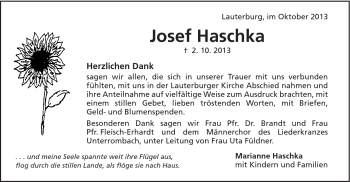 Traueranzeige von Josef Haschka von Schwäbische Post