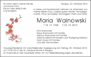 Traueranzeige von Maria Wainowski von Gmünder Tagespost