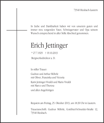 Traueranzeige von Erich Jettinger von Gmünder Tagespost