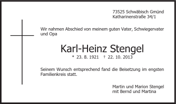 Traueranzeige von Karl-Heinz Stengel von Gmünder Tagespost