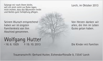 Traueranzeige von Wolfgang Hutter von Gmünder Tagespost