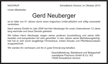 Traueranzeige von Gerd Neuberger von Gmünder Tagespost