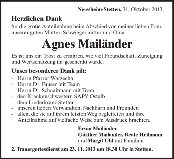 Traueranzeige von Agnes Mailänder von Schwäbische Post