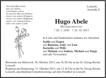 Traueranzeige von Hugo Abele von Gmünder Tagespost