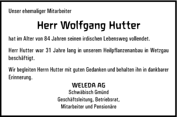 Traueranzeige von Wolfgang Hutter von Gmünder Tagespost