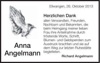Traueranzeige von Anna Angelmann von Schwäbische Post