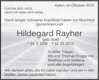 Traueranzeige von Hildegard Rayher von Schwäbische Post