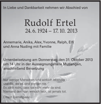 Traueranzeige von Rudolf Ertel von Gmünder Tagespost