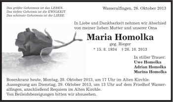 Traueranzeige von Maria Homolka von Schwäbische Post