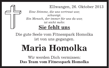 Traueranzeige von Maria Homolka von Schwäbische Post