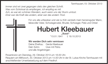 Traueranzeige von Hubert Kleebauer von Schwäbische Post