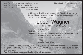 Traueranzeige von Josef Wagner von Schwäbische Post