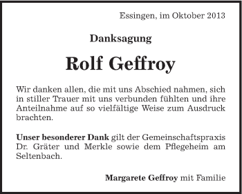 Traueranzeige von Rolf Geffroy von Schwäbische Post