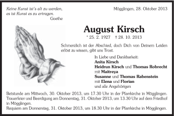 Traueranzeige von August Kirsch von Gmünder Tagespost