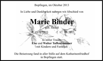 Traueranzeige von Marie Binder von Schwäbische Post