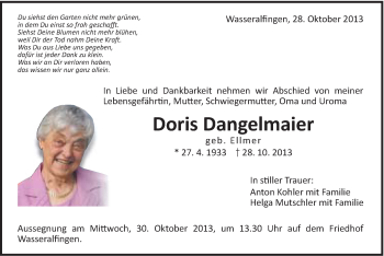 Traueranzeige von Doris Dangelmaier von Schwäbische Post